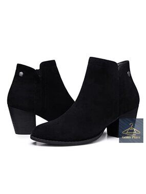 Women's Suede Ankle Boots Chunky Low Heeled Almond Toe Booties Block Heel Zip